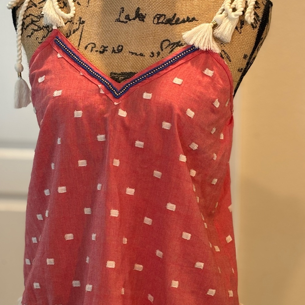 Aerie Red Top with Blue and Gold Trim coastal and tomato girl look